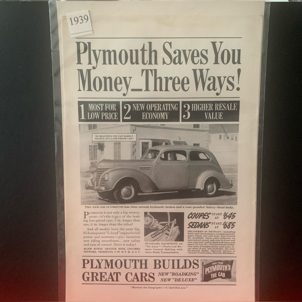 Vintage 1939 Plymouth Saves You Money 3 Ways Ad Advertisment